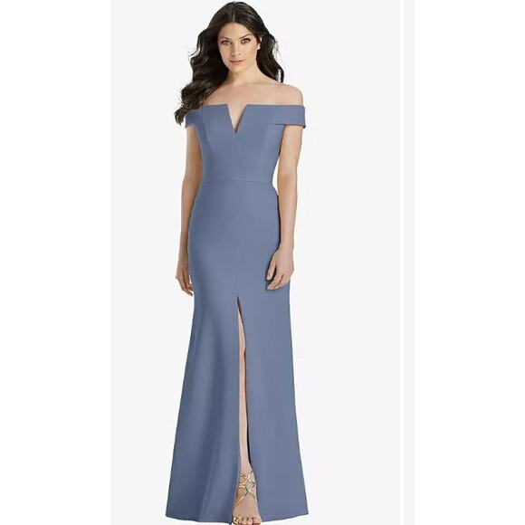 DESSY COLLECTION OFF-THE-SHOULDER NOTCH TRUMPET GOWN WITH FRONT SLIT - Picture 2 of 8